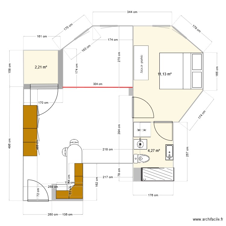Appartement complet. Plan de 3 pièces et 18 m2