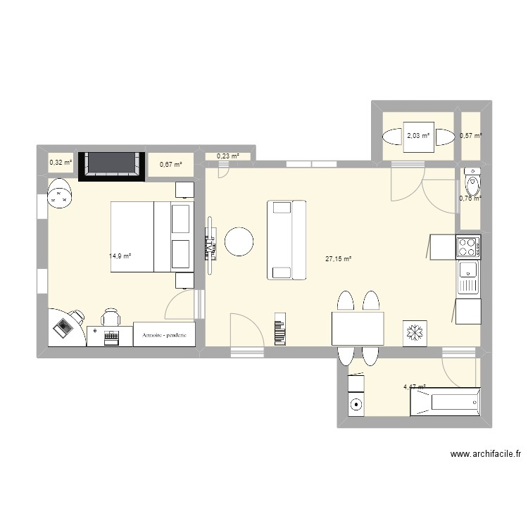 T2 Jules Guesde (meublé). Plan de 9 pièces et 51 m2