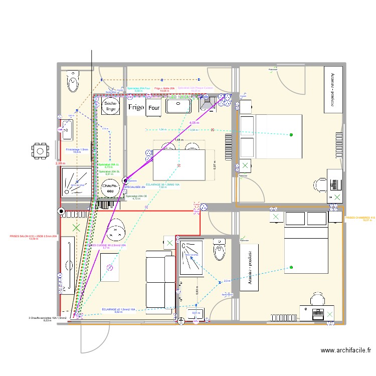Pessac_SDB_modifications. Plan de 8 pièces et 67 m2