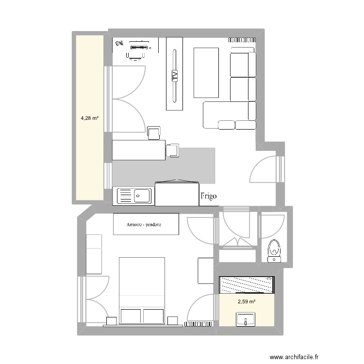 Salon 2. Plan de 2 pièces et 7 m2