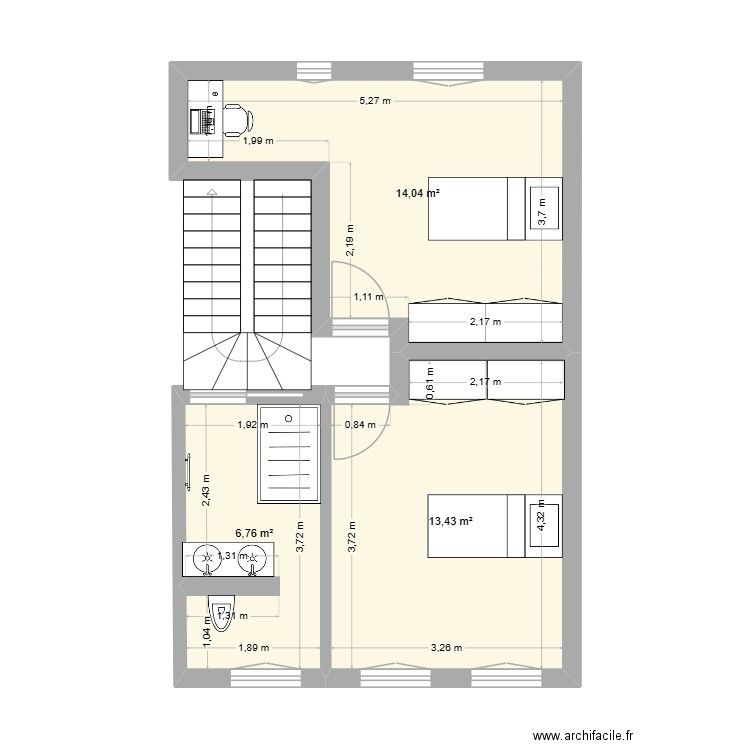 étage 1 bis. Plan de 3 pièces et 34 m2