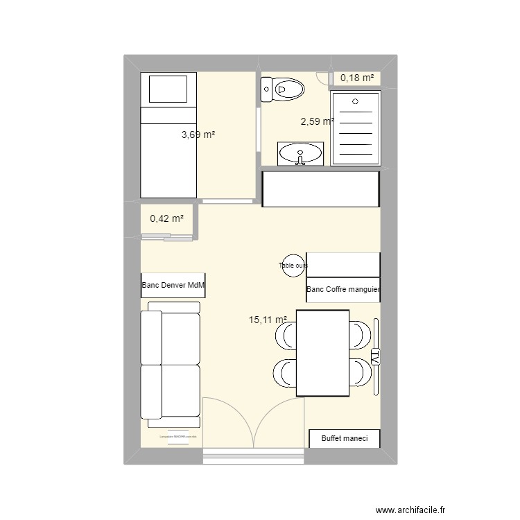 les angles. Plan de 5 pièces et 22 m2