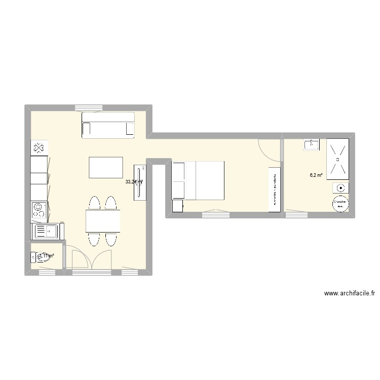 le tapis 2. Plan de 3 pièces et 41 m2