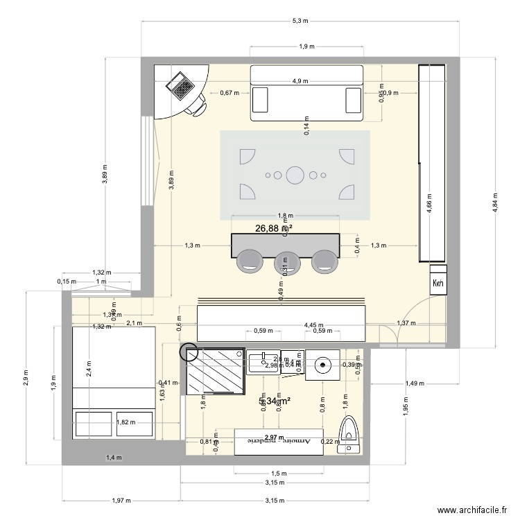 75 Vauvenargues V3. Plan de 2 pièces et 32 m2