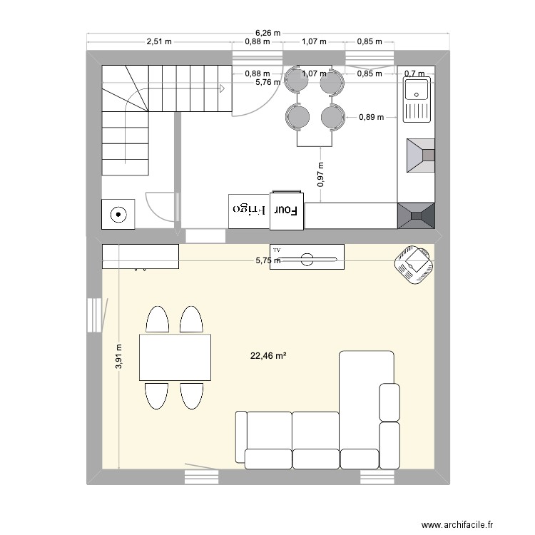 salon. Plan de 1 pièce et 22 m2