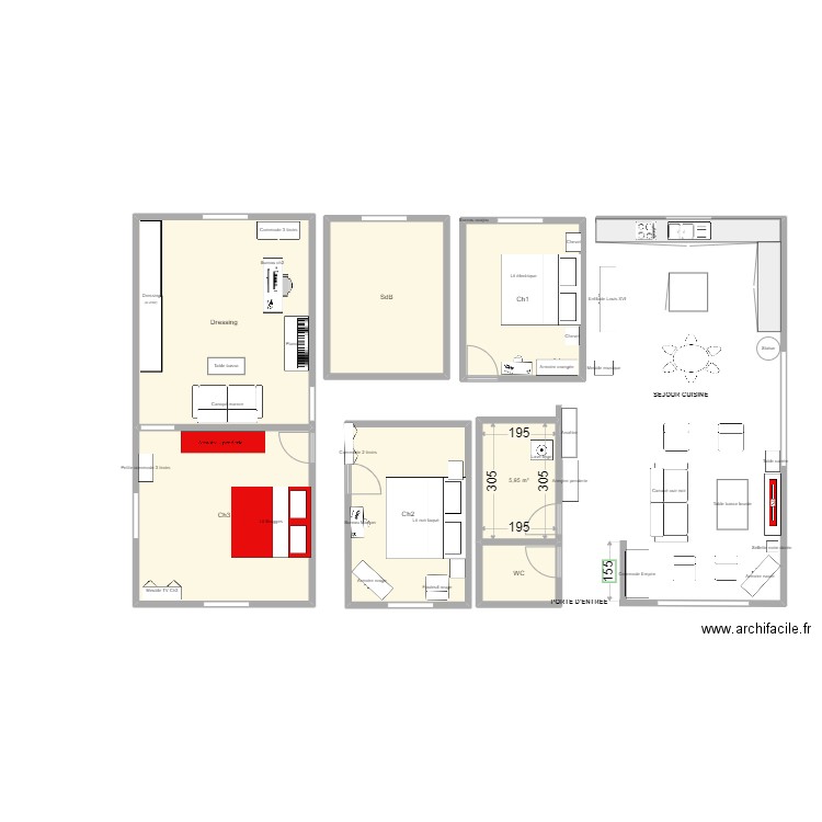 Plan maison pièces. Plan de 7 pièces et 91 m2