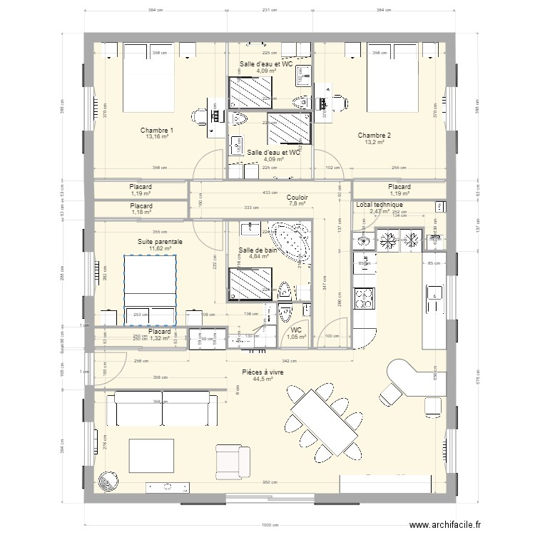 PROJET 2  120m2. Plan de 14 pièces et 112 m2