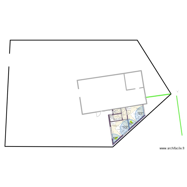 Triangle 2 Ch 29 M2 avec mur VFF. Plan de 5 pièces et 29 m2