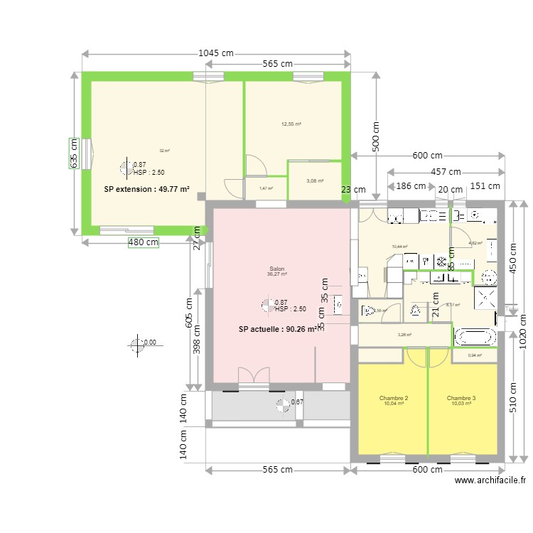 Extension nord. Plan de 34 pièces et 284 m2