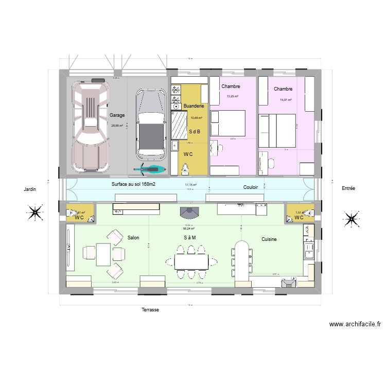 Essais maison carrée 03. Plan de 8 pièces et 145 m2