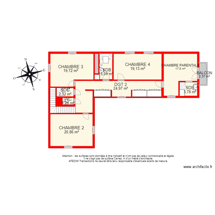 BI8723 - ETAGE . Plan de 14 pièces et 123 m2