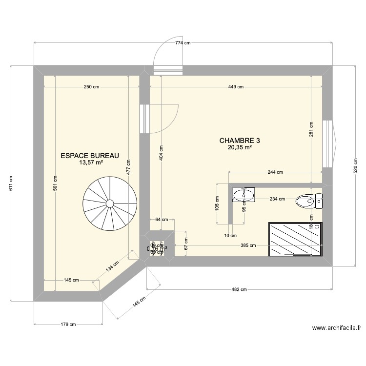 SOREDE 1ER. Plan de 3 pièces et 34 m2