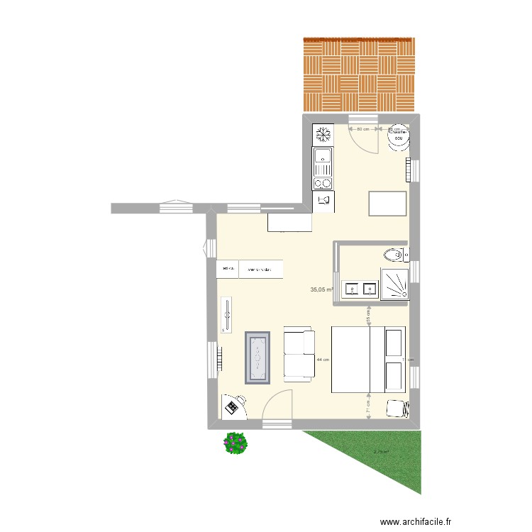 Appart 16B en studio 40m2 V7. Plan de 1 pièce et 35 m2