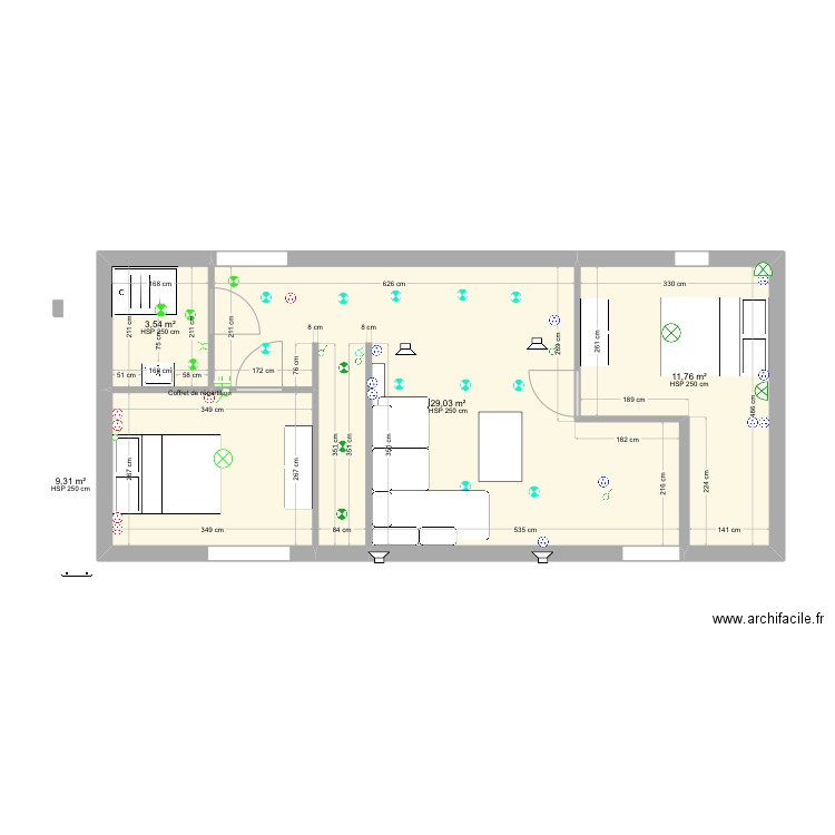 1 ETAGE. Plan de 4 pièces et 54 m2