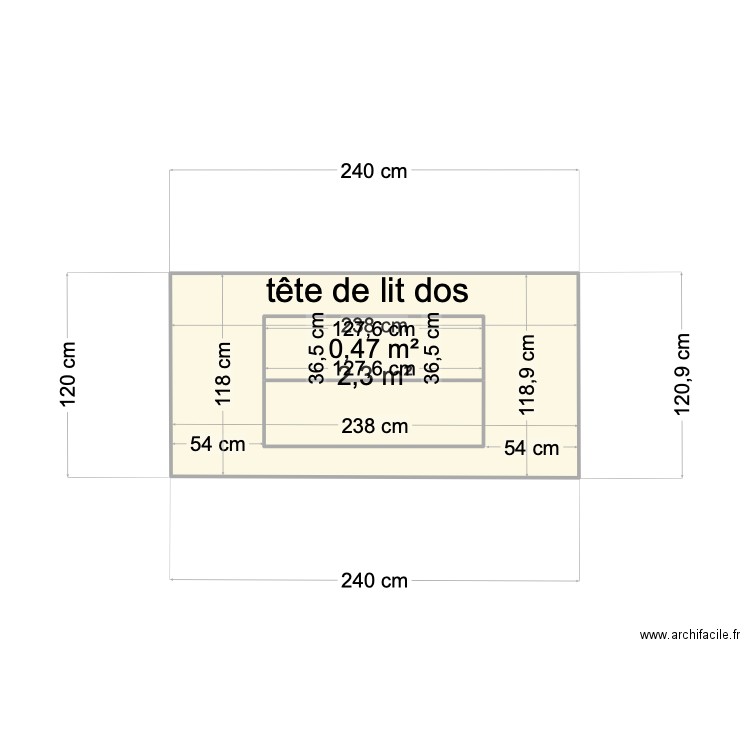 tête de lit dos. Plan de 2 pièces et 3 m2