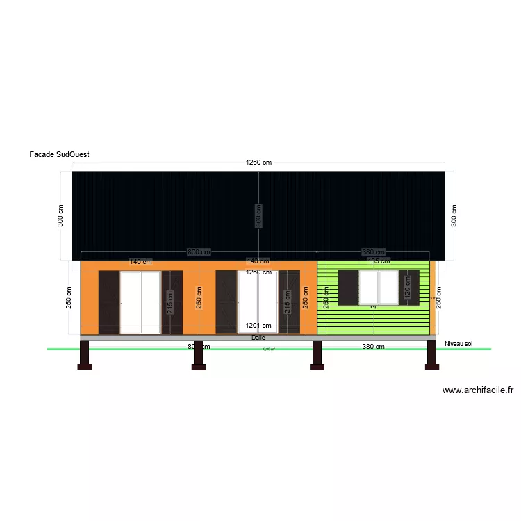 Facade SudOuest. Plan de 