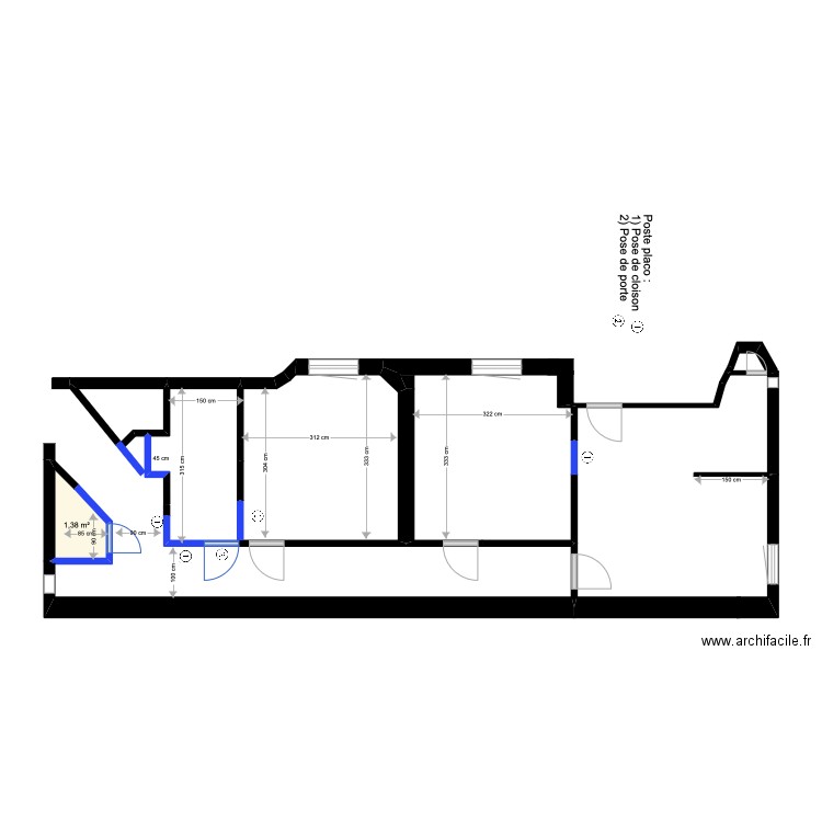 coin nuit (poste placo). Plan de 1 pièce et 1 m2