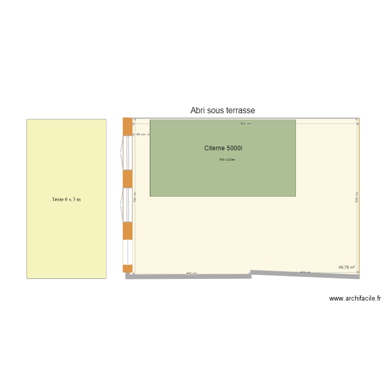 Abris sous terrasse 02. Plan de 1 pièce et 50 m2