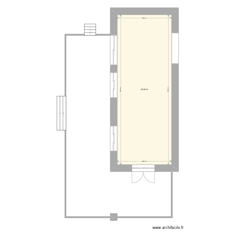 terrasse. Plan de 1 pièce et 63 m2