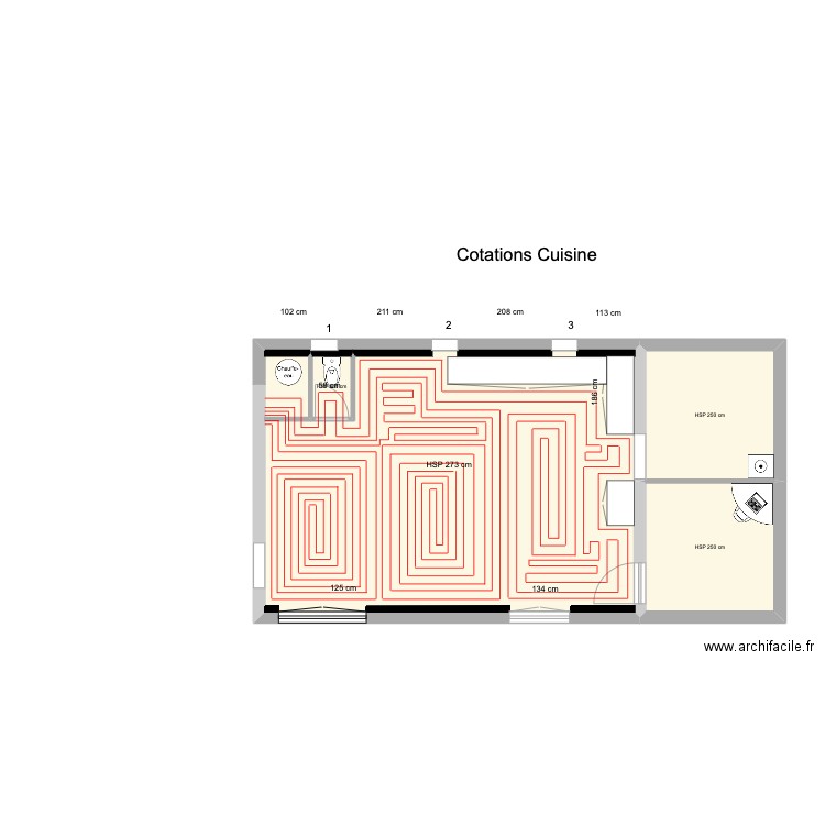 Semeac Cuisine. Plan de 4 pièces et 65 m2