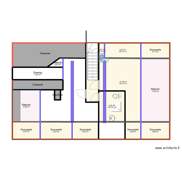 Etage_version après trémie. Plan de 18 pièces et 76 m2