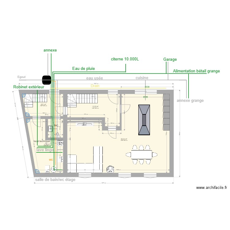 eau usée et de pluie. Plan de 16 pièces et 332 m2