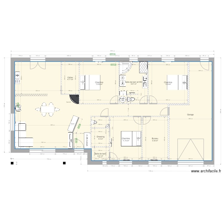 plan maison ménilière 2 avec meubles  prototype. Plan de 0 pièce et 0 m2