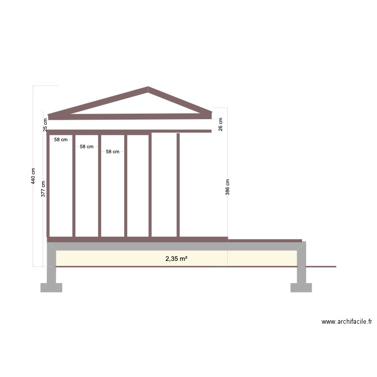 coupe façade. Plan de 1 pièce et 2 m2