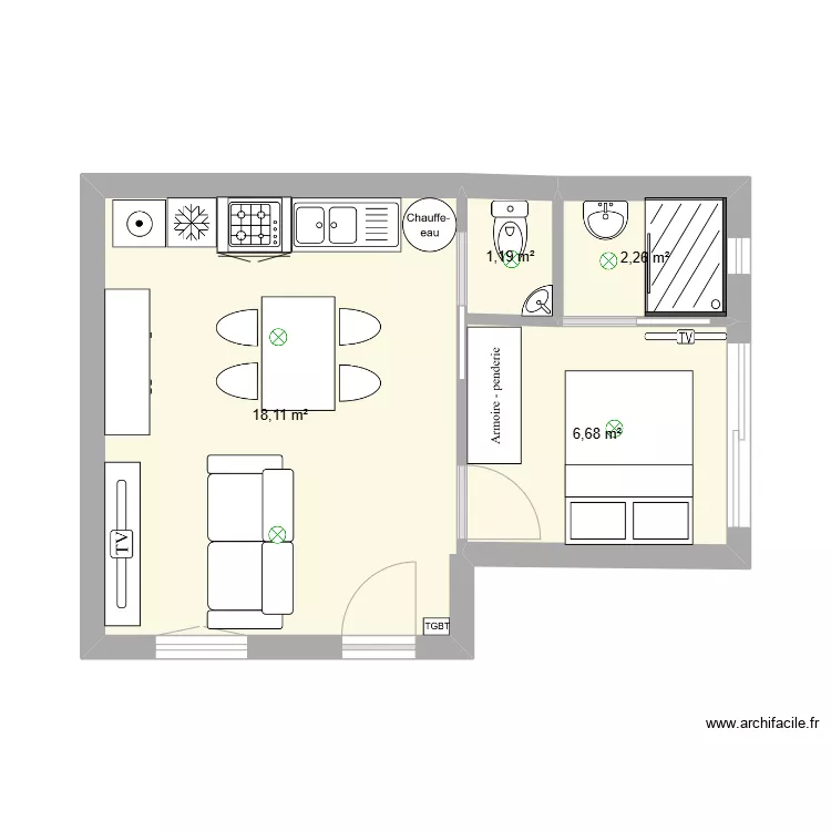Studio 2 pi&egrave;ces. Plan de 