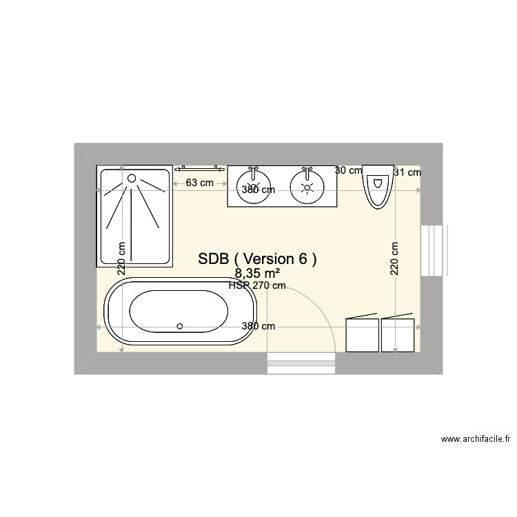 SDB version 6 Nancy et Martin. Plan de 1 pièce et 8 m2