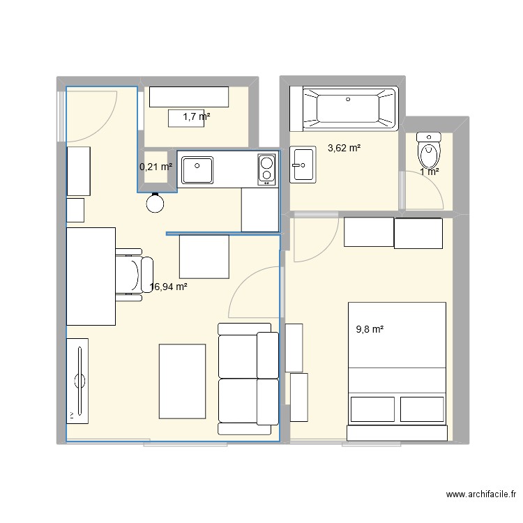 amenagement. Plan de 4 pièces et 34 m2