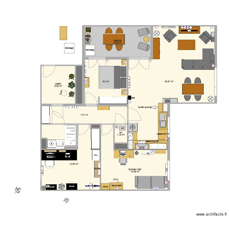 remi. Plan de 15 pièces et 105 m2