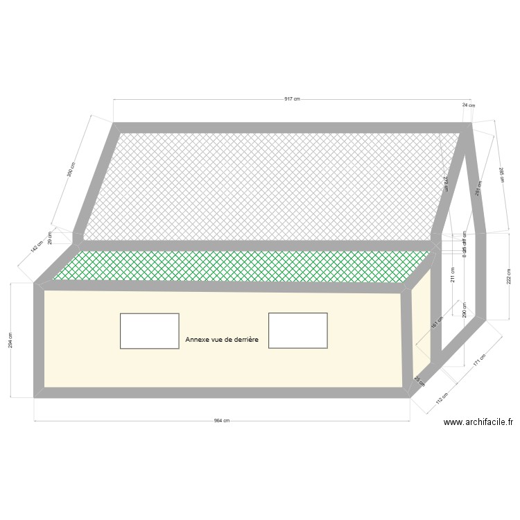 Vue arrière après annexe. Plan de 4 pièces et 56 m2