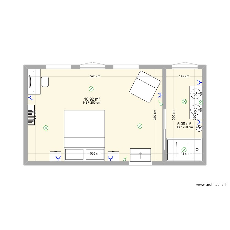 Chambre parent. Plan de 2 pièces et 24 m2