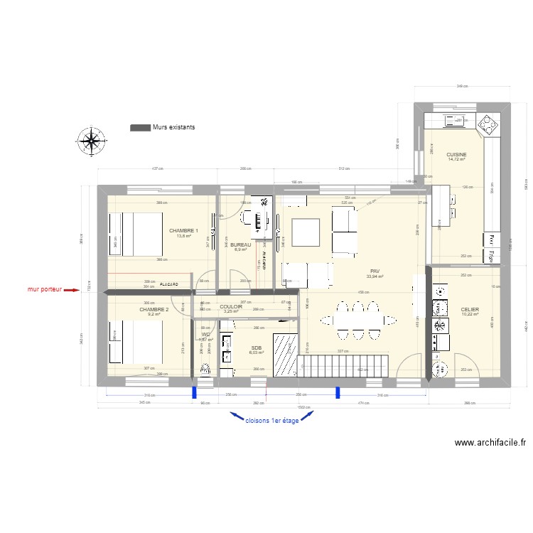 RENOVATION TEST sans cassé mur CH2. Plan de 11 pièces et 146 m2