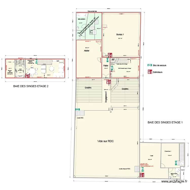 Baie des singes &eacute;tage et acc&egrave;s loge. Plan de 