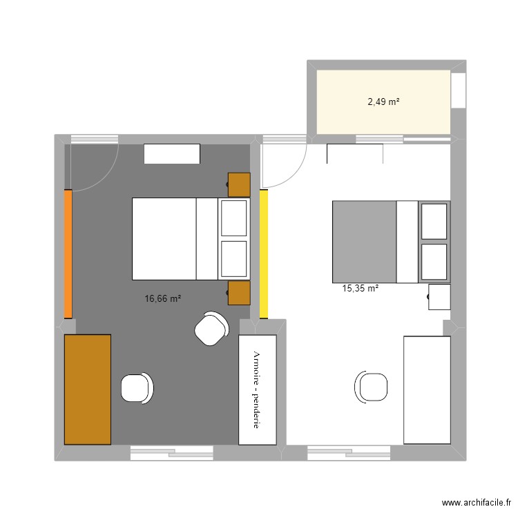 Extension chambres. Plan de 3 pièces et 34 m2