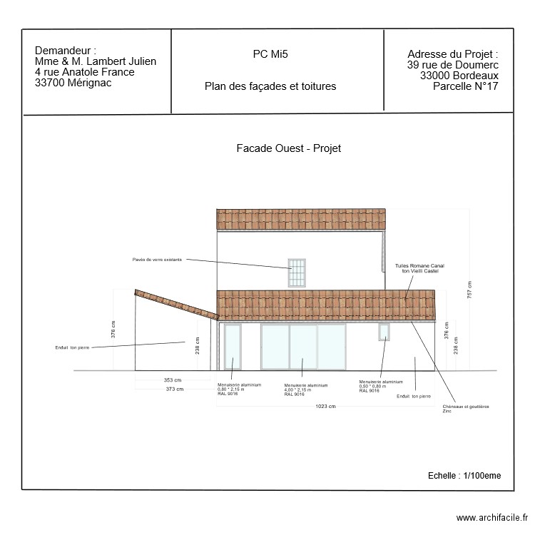 PC - Facade Ouest avec extension projet V6. Plan de 0 pièce et 0 m2