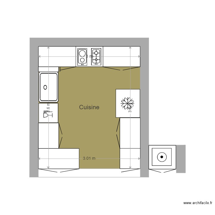 cuisine. Plan de 1 pièce et 11 m2