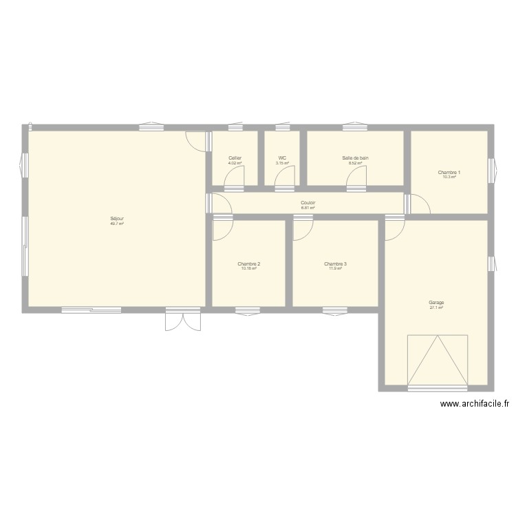 Maison rectangle garage encastré cellier 100m2. Plan de 0 pièce et 0 m2