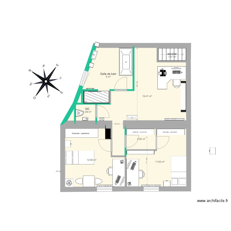 Etage 1 09 juin 2019 avec 2 chambres. Plan de 0 pièce et 0 m2