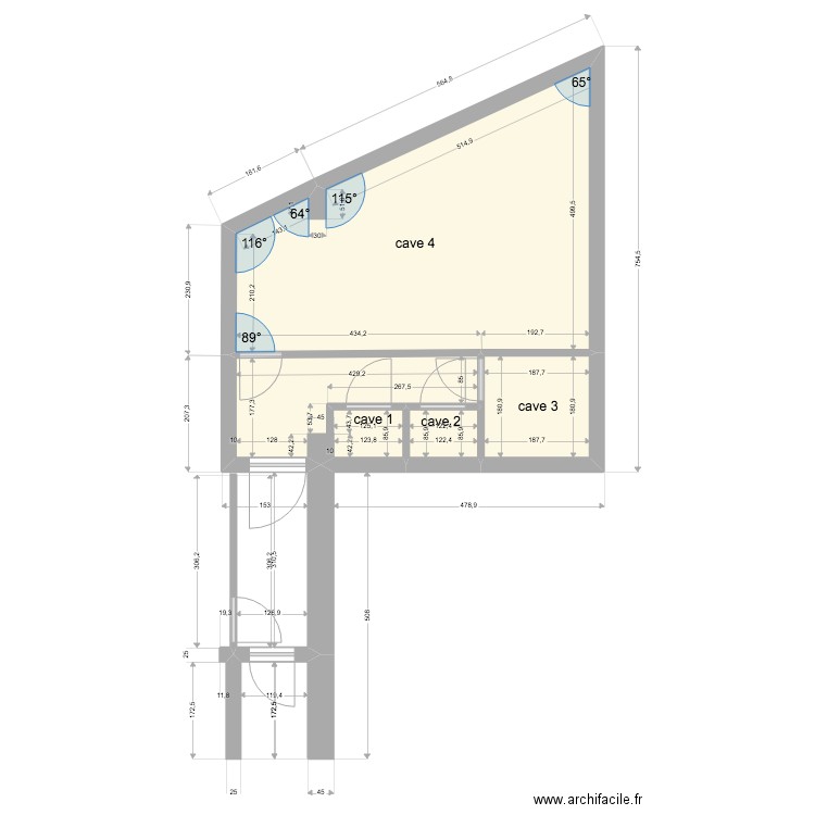 plan 4 caves . Plan de 4 pièces et 33 m2