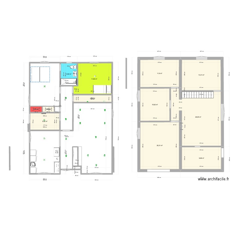 Version 2 chambres Bis. Plan de 12 pièces et 118 m2