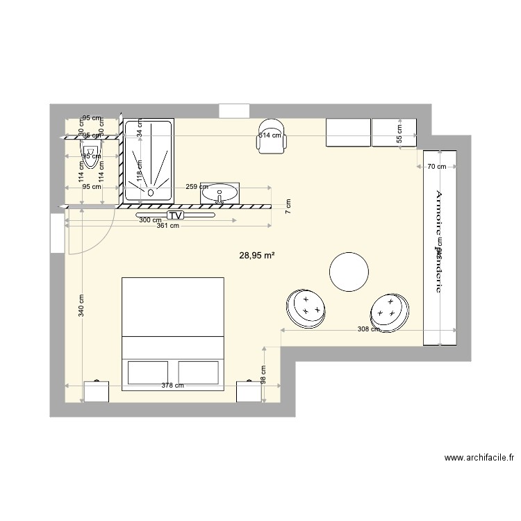 chambre. Plan de 3 pièces et 30 m2