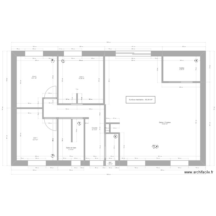 Dimension. Plan de 9 pièces et 90 m2