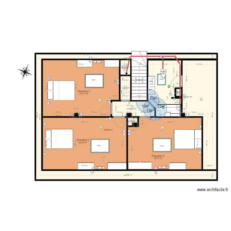 Plan étage - Version finale + elec + salle de bain. Plan de 15 pièces et 111 m2