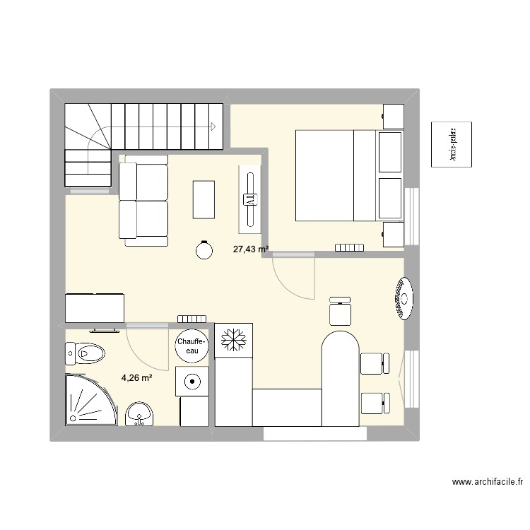 studio. Plan de 2 pièces et 32 m2