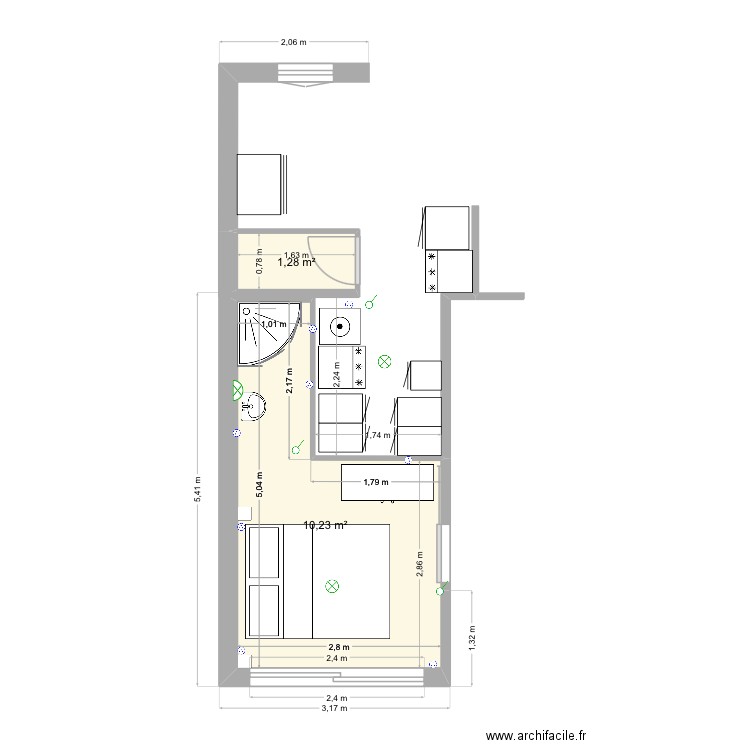Cuisine chambre + sdb + buanderie. Plan de 2 pièces et 12 m2