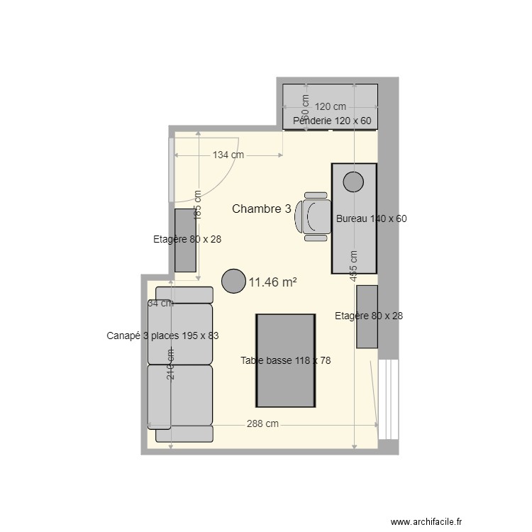 Appartement - Chambre n° 3. Plan de 1 pièce et 11 m2