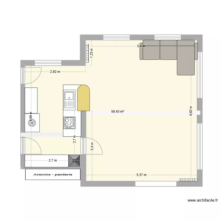 Cuisine + salon Sevres. Plan de 1 Pièce et 50 m²